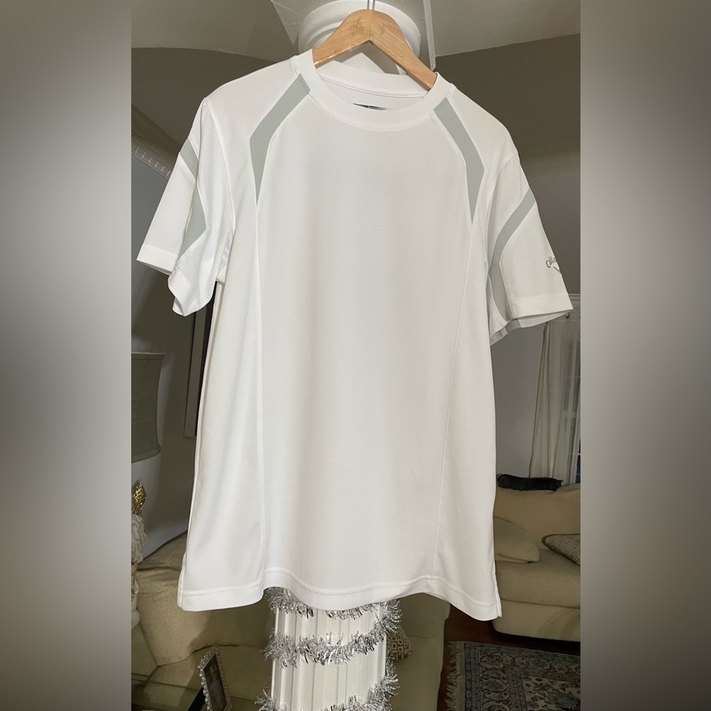 Call away men’s white short sleeve Athletic/ Golf shirt with light gray Accent M